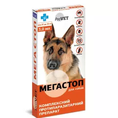 Краплі на холку для собак ProVET «Мега Стоп» від 20 до 30 кг, 4 піпетки (від зовнішніх та внутрішніх паразитів) (PR020078)