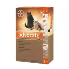 Краплі Bayer Advocate для котів і тхорів (від зовнішніх і внутрішніх паразитів) до 4 кг, 3 піпетки (