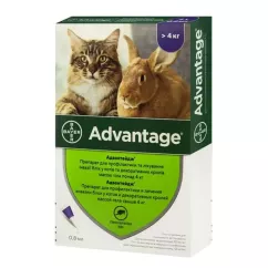 Краплі на холку для котів та кролів Bayer «Advantage» (Адвантейдж) від 4 до 8 кг, 1 піпетка (від зовнішніх паразитів) (91001)