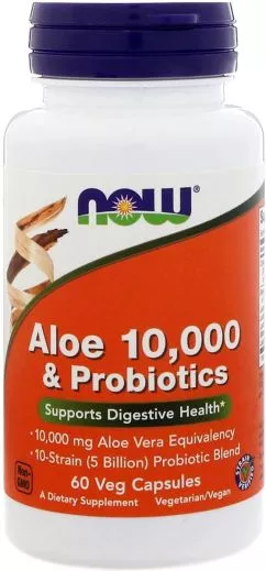 Алоэ 10 000 & пробиотики, Now Foods 60 вегетарианских капсул (733739030290)
