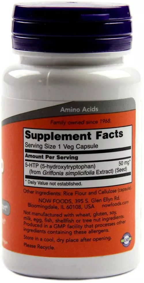 Аминокислота Now Foods 5-HTP (Гидрокситриптофан) 50 мг 30 вегетарианских капсул (733739000972) - фото №2