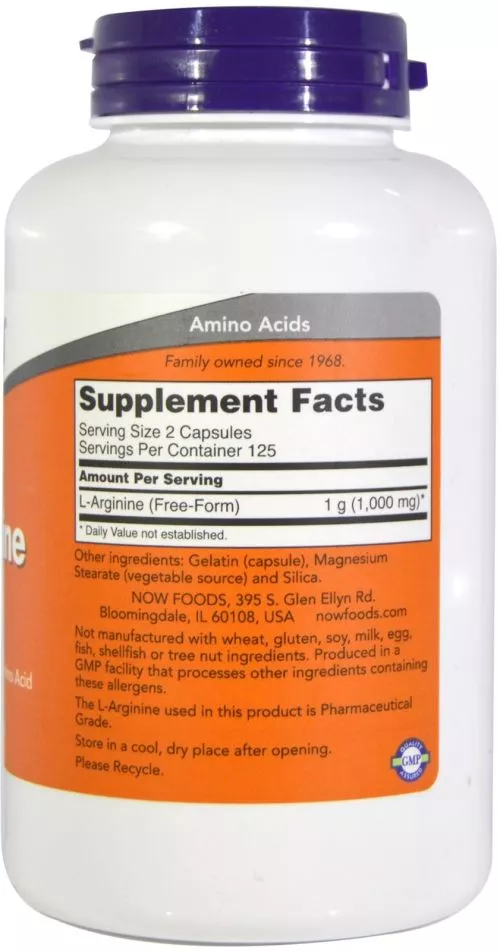 Амінокислота Now Foods L-Аргінін 500 мг 250 капсул (733739000316) - фото №2