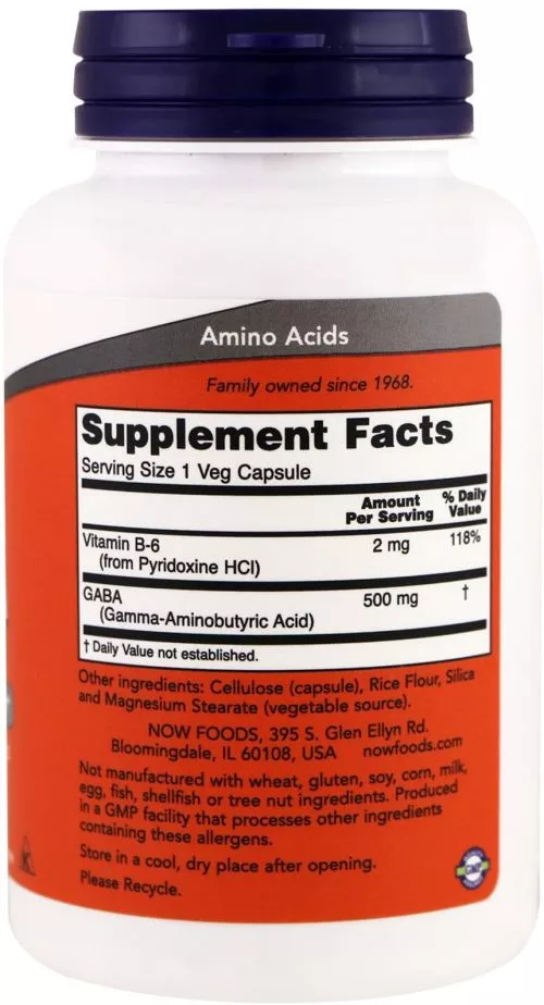 Аминокислота Now Foods GABA (Гамма-аминомасляная кислота) 500 мг 100 гелевых капсул (733739000873) - фото №2