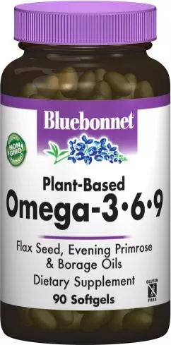 Жирні кислоти Bluebonnet Nutrition омега 3-6-9 на рослинній основі 1000 мг 90 желатинових капсул (743715010123)