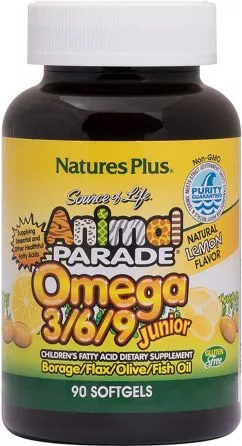 Жирні кислоти Natures Plus Animal Parade омега 3-6-9 для дітей, смак Лимона 90 желатинових капсул (97467299948)