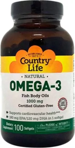Жирні кислоти Country Life Omega-3 (Омега-3 риб'ячий жир) 1000 мг 100 капсул (015794044970)