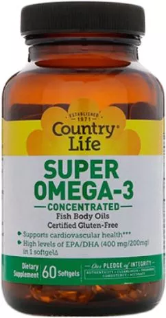 Жирные кислоты Country Life Super Omega-3 (Омега-3 концентрированный рыбий жир) 60 капсул (015794045113)