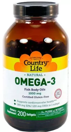 Жирні кислоти Country Life Omega-3 (Омега-3 риб'ячий жир) 1000 мг 200 капсул (015794044987)