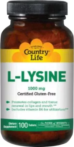 Амінокислота Country Life L-Lysine 1000 м г 100 таблеток (015794013112)