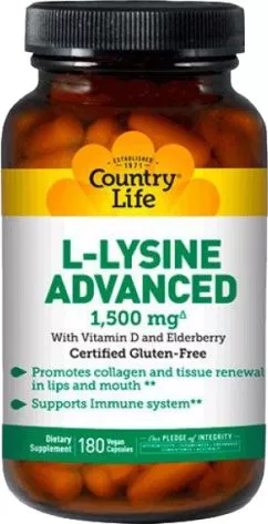 Аминокислота Country Life L-LYSINE Advanced 1500 мг 180 капсул (015794013150)