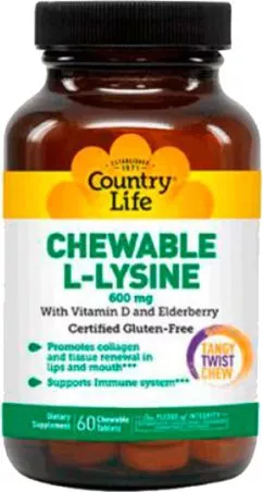 Амінокислота Country Life L-LYSINE 600 мг 60 жувальних таблеток (015794013204)