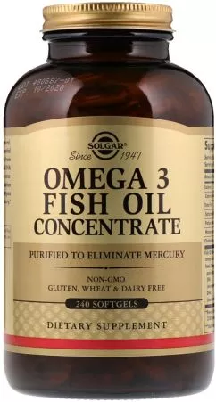 Жирные кислоты Solgar Omega-3 Fish Oil Concentate Рыбий жир в капсулах концетрат 240 капсул (033984016996)