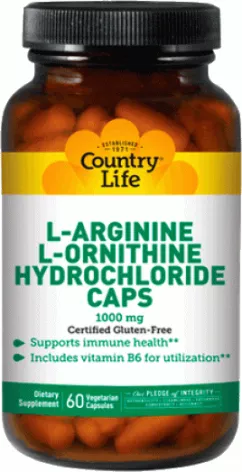 Амінокислотний комплекс Country Life L-Arginine/L-Ornithine Hydrochloride 1000 мг 60 капсул (015794010357)