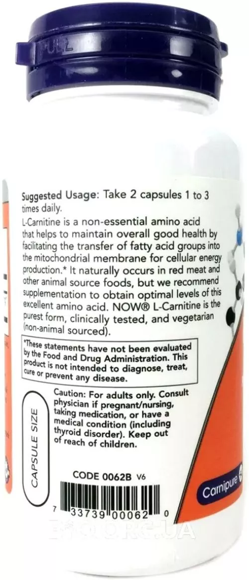 Жироспалювач 250 мг, L-Carnitine, Now Foods 60 капсул (733739000620) - фото №3
