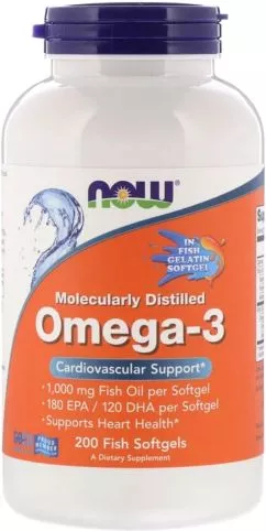 Омега-3 1000 мг, 180 EPA/120 DHA, Molecularly Distilled Omega-3, Now Foods 200 капсул из рыбьего жира (733739016485)