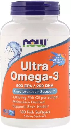 Ультра омега 3, Ultra Omega 500 EPA/250 DHA, Now Foods 180 гелевих капсул (733739016652)