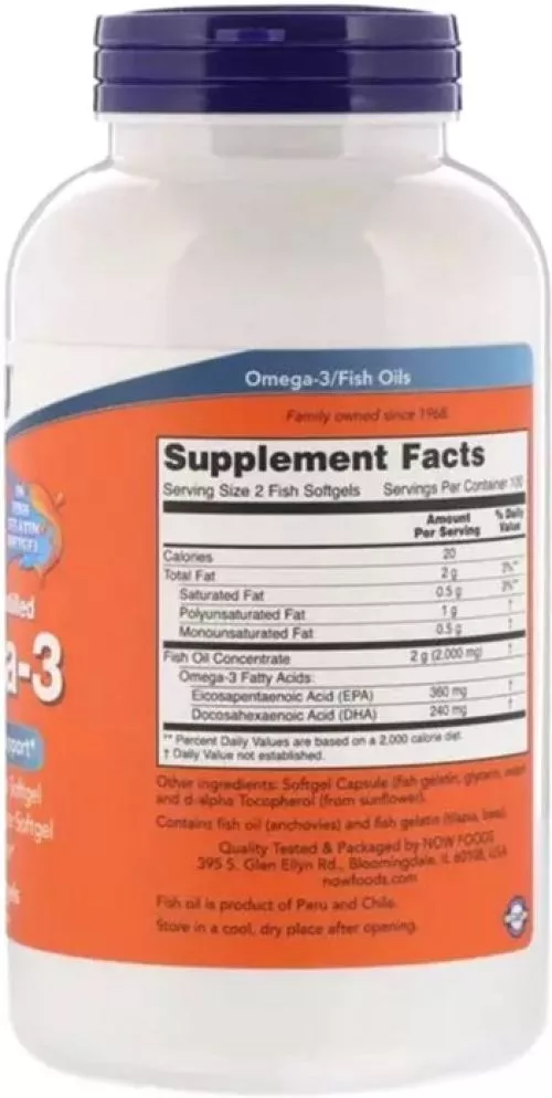 Омега-3 1000 мг, 180 EPA/120 DHA, Molecularly Distilled Omega-3, Now Foods 200 капсул із риб'ячого жиру (733739016485) - фото №3