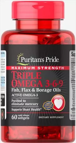 Жирные кислоты Puritan's Pride Natural Maximum Strength Triple Omega 3-6-9 Fish (Flax & Borage Oils) 60 капсул (025077101542)