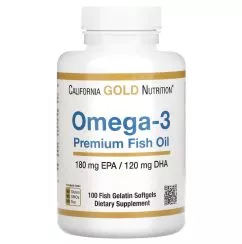 Омега-3 рыбий жир, жирные кислоты 180 мг ЭПК / 120 мг ДГК премиального качества, Omega-3 Premium Fish Oil, California Gold Nutrition 100 капсул из рыбьего же...