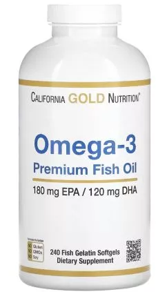 Омега-3 риб'ячий жир, жирні кислоти 180 мг ЕПК / 120 мг ДГК преміальної якості, Omega-3 Premium Fish Oil, California Gold Nutrition 240 капсул із риб’ячого ж...