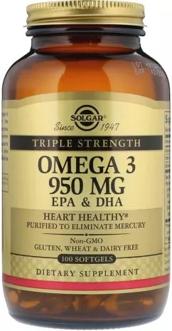 Жирні кислоти Solgar Omega-3 EPA, DHA Потрійна Сила 950 мг 100 капсул (33984020580)
