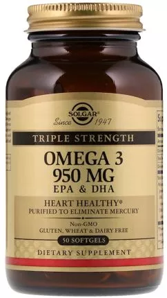 Жирні кислоти Solgar Triple Strength Омега-3, ЕПК і ДГК 950 мг 50 капсул (33984020573)