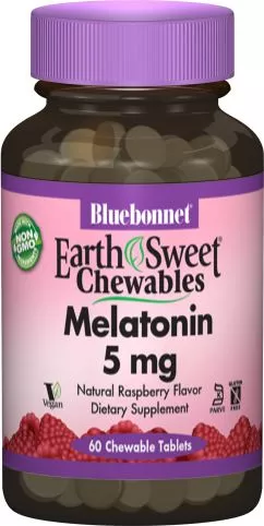 Амінокислота Bluebonnet Nutrition Earth Sweet Chewables Мелатонін 5 мг Смак малини 60 жувальних таблеток (743715009967)