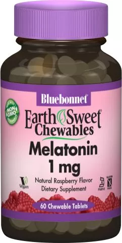 Амінокислота Bluebonnet Nutrition Earth Sweet Chewables Мелатонін 1 мг Смак малини 60 жувальних таблеток (743715009905)