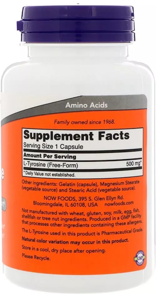 Аминокислота Now Foods L-Тирозин 500 мг 120 капсул (733739001627) - фото №2