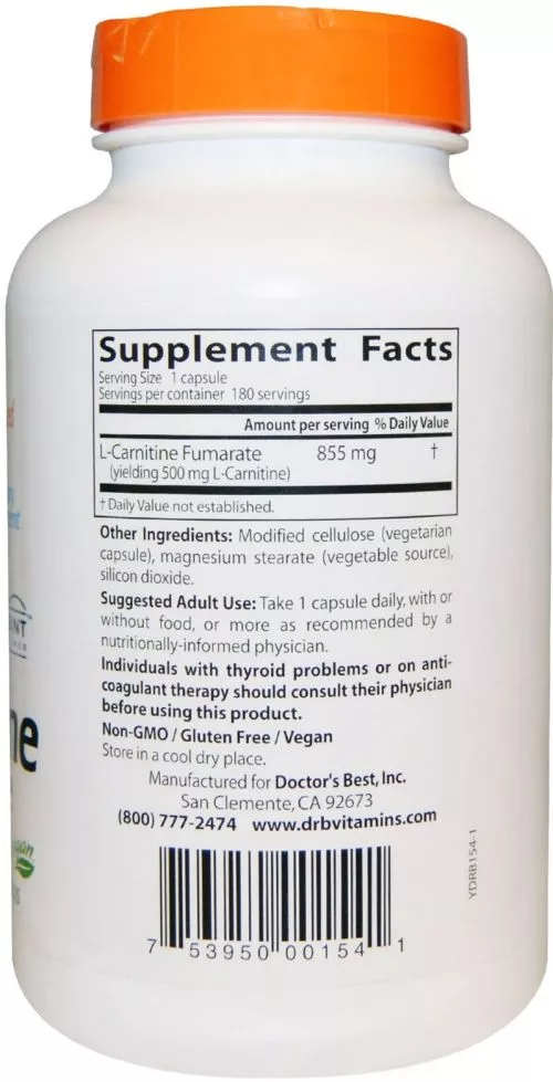 Аминокислота Doctor's Best L-Карнитин Фумарат 855 мг Biosint 180 гелевых капсул (753950001541) - фото №2