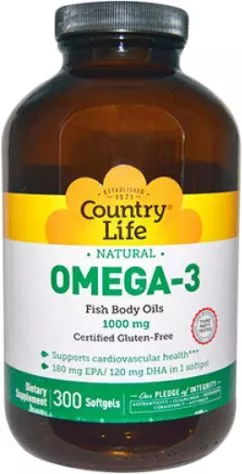Жирні кислоти Country Life Omega-3 (Омега-3 риб'ячий жир) 1000 мг 300 капсул (015794044505)