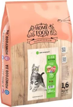 Повнораціонний корм для кошенят і кішок Супер-Преміум Home Food Kitten Для кошенят «Ягнятина з рисом» 1.6 кг (4820235020163)