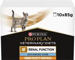 Упаковка вологого дієтичного корму для дорослих котів Purina Pro Plan Veterinary Diets NF Renal Function Early Care при патології нирок з куркою 10 х 85 г (7...
