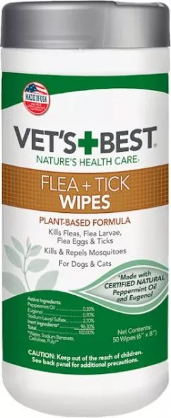 Vet's Best Flea and Tick Wipes Салфетки  для собак против насекомых 50 шт