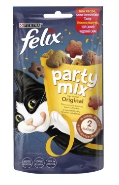 Purina Felix Party Mix Original Лакомство для котов со вкусом курицы, печени и индейки 60 г (7613287