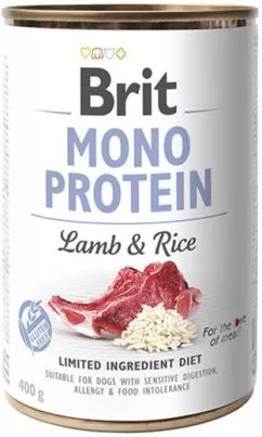 Вологий корм для собак Brit Mono Protein з ягням та рисом 400 г (8595602529728)