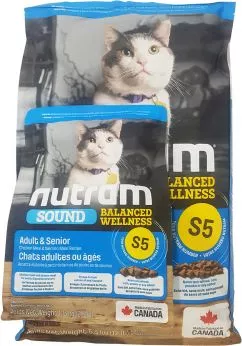 Сухий корм для дорослих котів Nutram S5 Sound Balanced Wellness Adult/Urinary Cat зі смаком курки та лосося 5.4 кг + 1.13 кг (2000981006099)