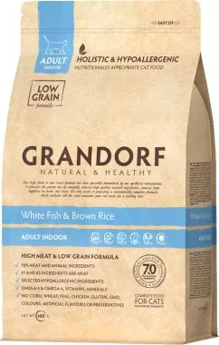 Сухий корм для кішок з нормальною активністю від 1 року Grandorf White Fish & Brown Rice Adult Indoor 400 г (5404009503404)