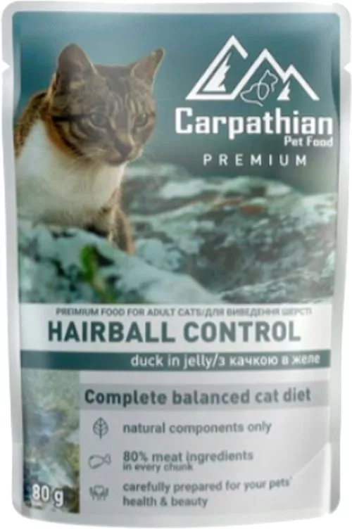 Упаковка вологого корму для кішок Carpathian Pet Food Hairball control в желе з качкою 80 г х 24 шт (4820111141371) - фото №2