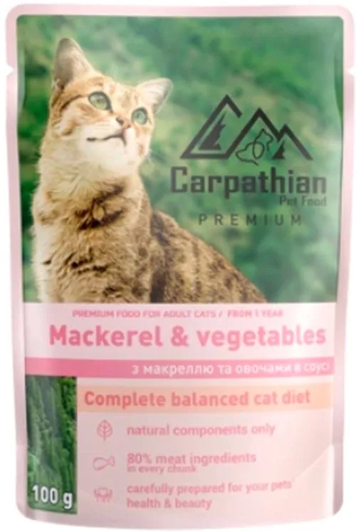 Упаковка вологого корму для кішок Carpathian Pet Food з Макреллю і овочами в соусі 100 г х 24 шт (4820111141197) - фото №2