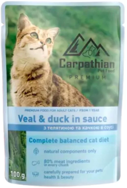 Упаковка влажного корма для кошек Carpathian Pet Food с телятиной и уткой в соусе 100 г х 24 шт (4820111141364) - фото №2