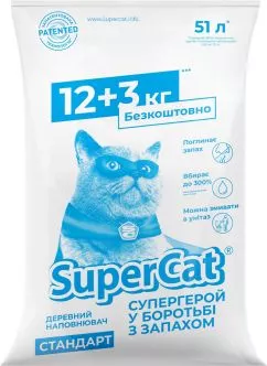 Наполнитель для кошачьего туалета SuperCat Стандарт Деревянный впитывающий 12 + 3 кг (26 л) (5159) (4820152564399)