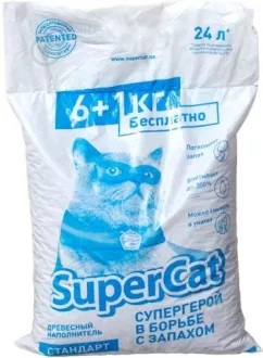 Наполнитель древесный SuperCat (Суперкет) Стандарт без аромата 6+1 кг для кошачьего туалета