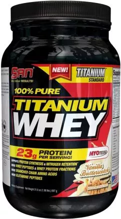 Сироватковий протеїн SAN Nutrition 100% Pure Titanium Whey 907.2 г зі смаком ванільних ірисок (672898415534)