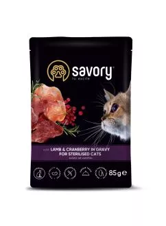 Влажный корм Savory для стерилизованных кошек, ягненок с клюквой в соусе, пауч, 85 г (20093)