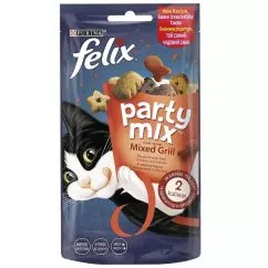 Упаковка лакомства для кошек Purina Felix Party Mix Гриль Микс со вкусом курицы, говядины и лосося 8 шт. по 60 г (7613287631411)