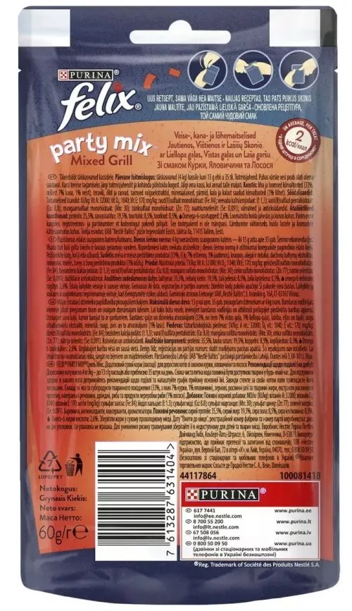 Упаковка лакомства для кошек Purina Felix Party Mix Гриль Микс со вкусом курицы, говядины и лосося 8 шт. по 60 г (7613287631411) - фото №2