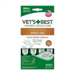 Средство от блох и клещей для собак, 4 пипетки VET`S BEST Flea&Tick Spot On Tubes Small до 7 кг (vb10518)
