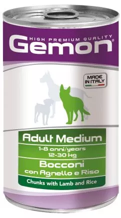 Вологий корм GEMON Dog Wet Medium Adult шматочки з ягням та рисом 1,25кг (70387910)