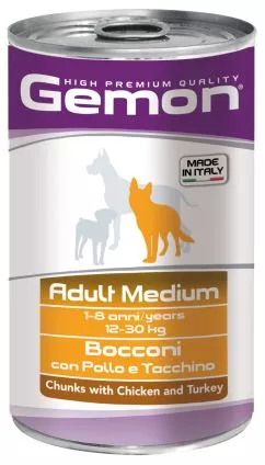 Вологий корм GEMON Dog Wet Medium Adult шматочки з куркою та індичкою 1,25кг (70387927)